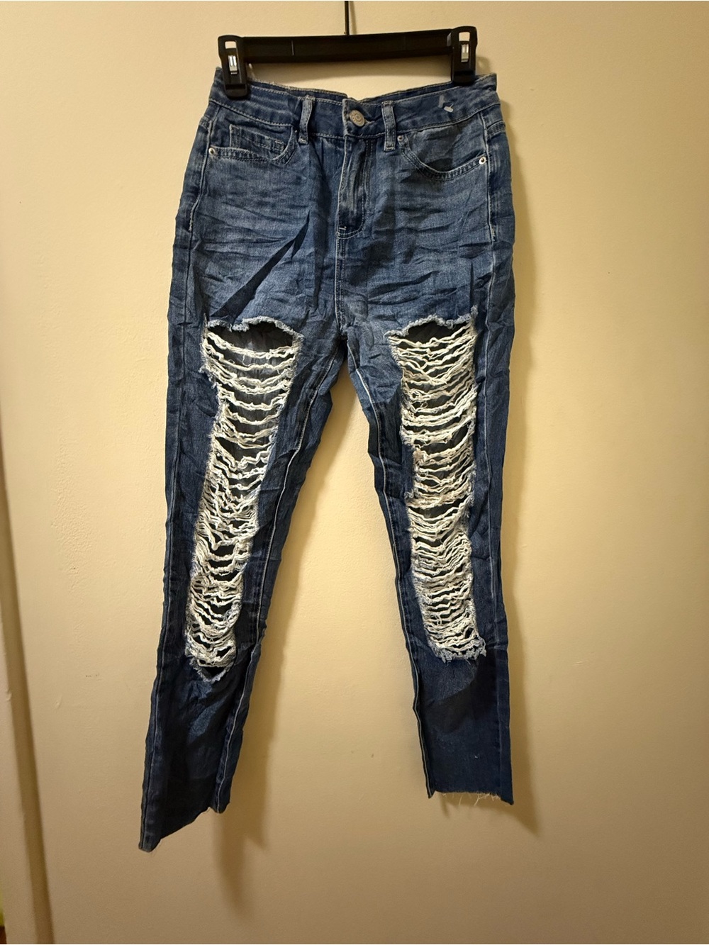 YMI Women's Distressed Dark Blue Skinny Jeans with White Shredded Panels